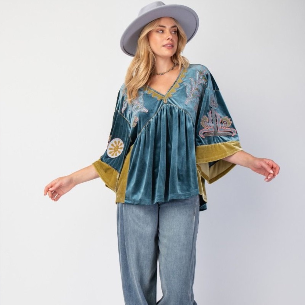 Embroidered Velvet Women’s Top - Teal and Gold -♥️Avail Size 3-1X, & 1-3X